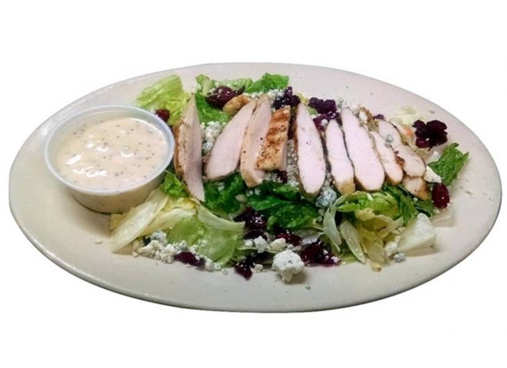 Grilled chicken breast on lettuce and romaine, dried cranberries, walnuts, bleu cheese crumbles, poppyseed dressing